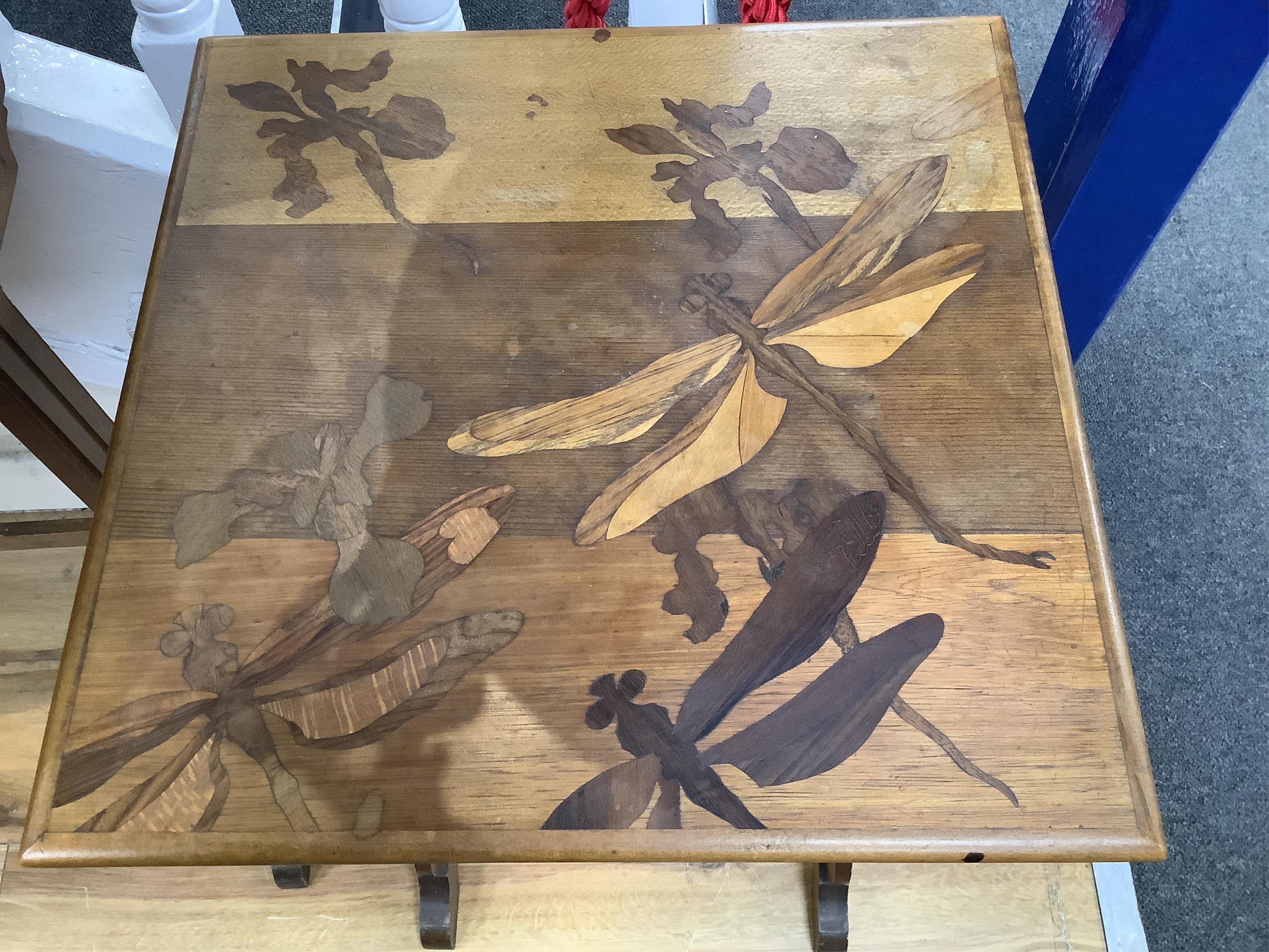 Two from a nest of early 20th century Galle style rosewood and marquetry tea tables, larger width 57cm, depth 38cm, height 70cm. Condition - fair